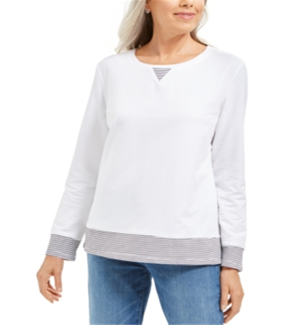 Karen Scott Women's Sport Contrast Hem Sweatshirt White Size Small