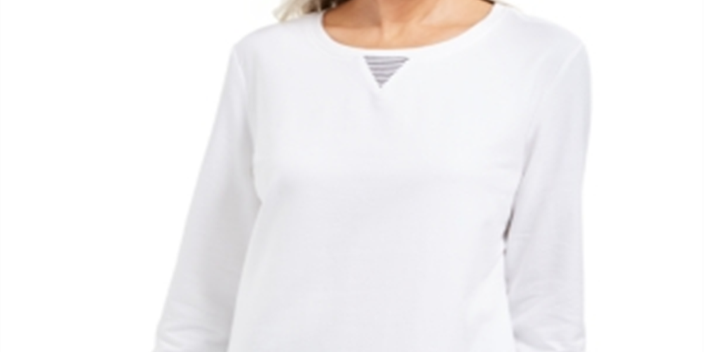 Karen Scott Women's Sport Contrast Hem Sweatshirt White Size Small