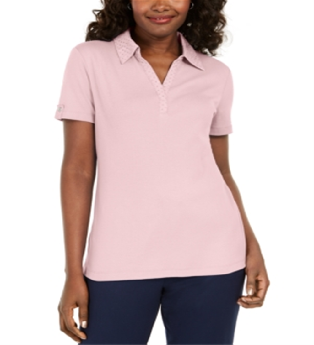 Karen Scott Women's Cotton Eyelet Collar Top Pink Size Small