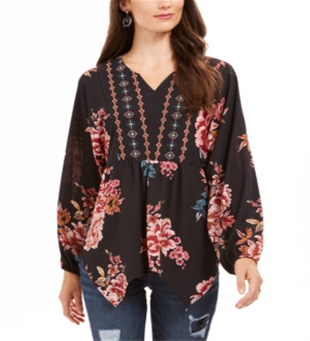 Style & Co Women's Printed Handkerchief Hem Peasant Top Black Size X-Small