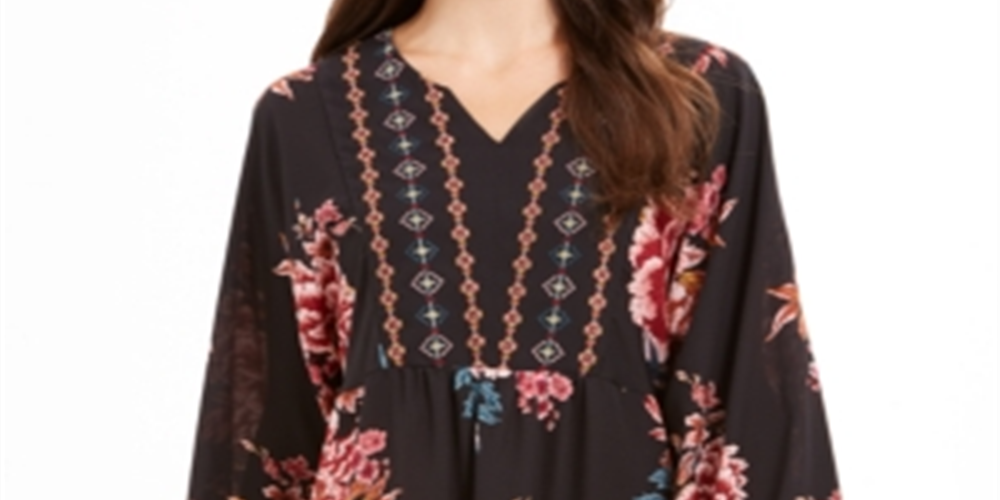 Style & Co Women's Printed Handkerchief Hem Peasant Top Black Size X-Small