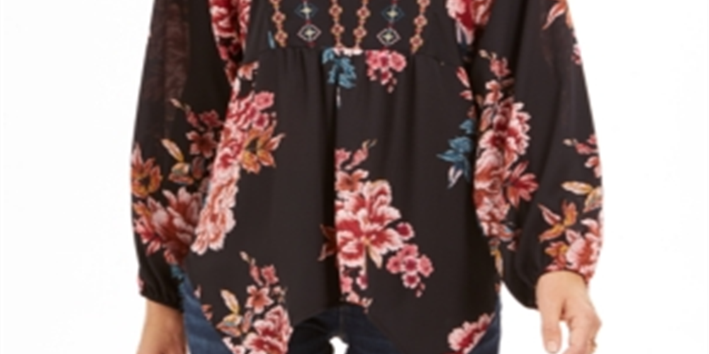 Style & Co Women's Printed Handkerchief Hem Peasant Top Black Size X-Small
