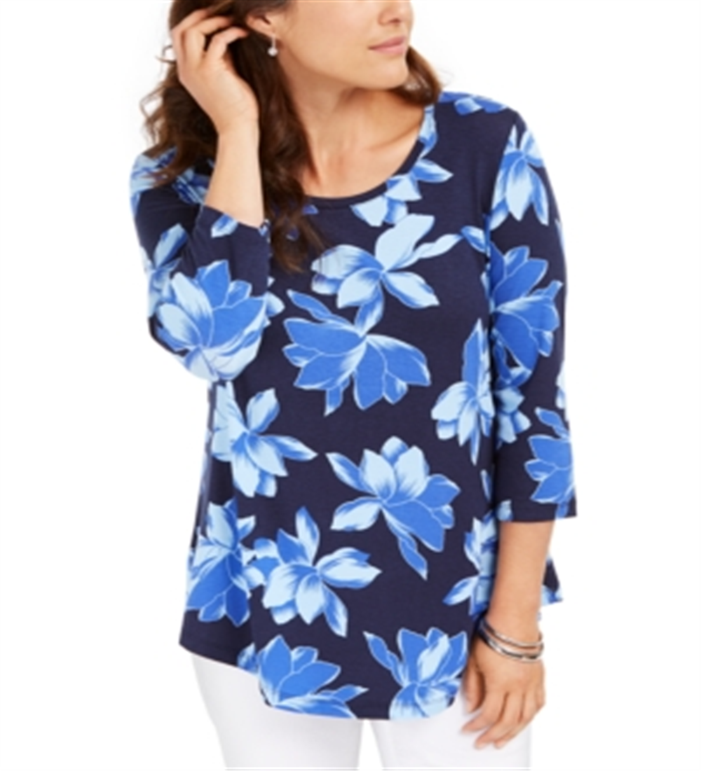 JM Collection Women's 3/4 Sleeve Floral Print T-Shirt Blue Size Small