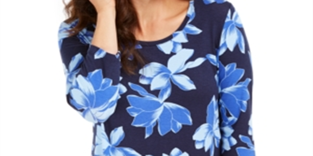 JM Collection Women's 3/4 Sleeve Floral Print T-Shirt Blue Size Small
