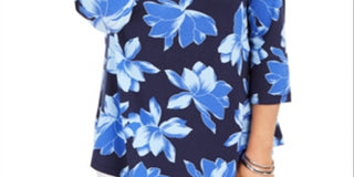 JM Collection Women's 3/4 Sleeve Floral Print T-Shirt Blue Size Small