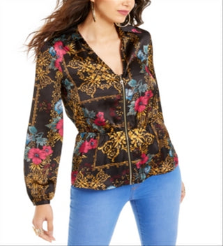 Thalia Sodi Women's Printed Zip Peplum Top Black Size L