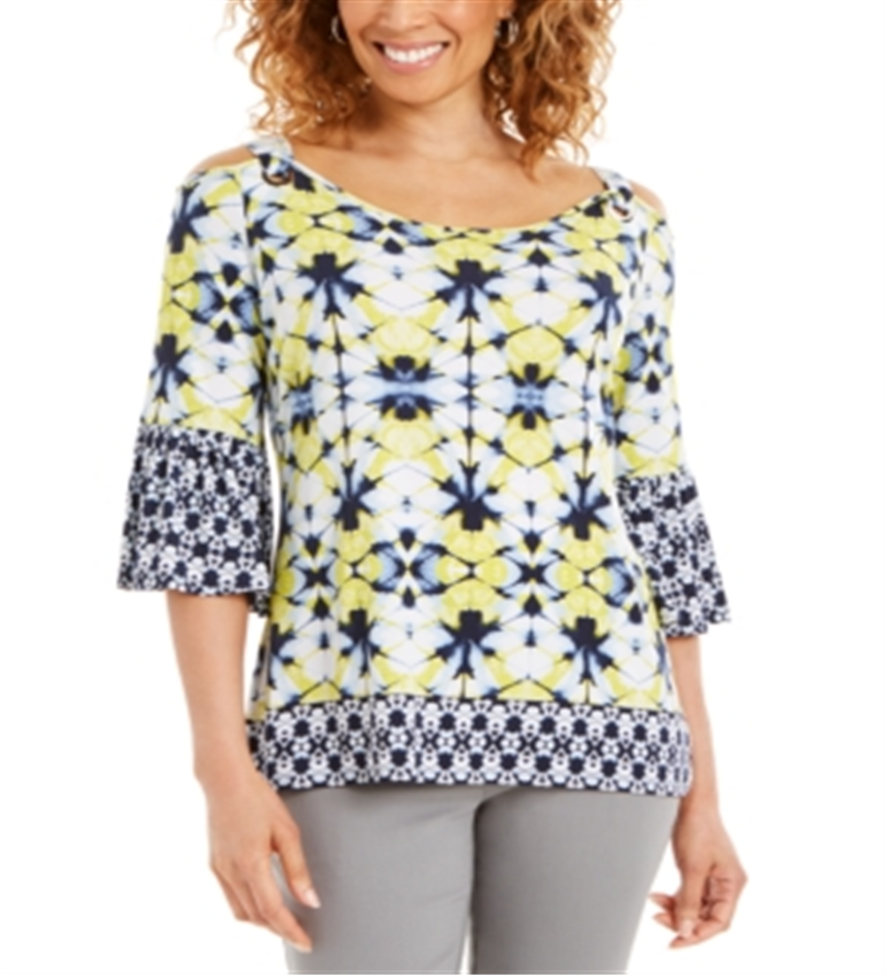 JM Collection Women's Printed Grommet Cold Shoulder Top Blue Size XX-Large