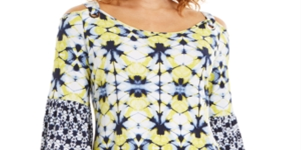 JM Collection Women's Printed Grommet Cold Shoulder Top Blue Size XX-Large
