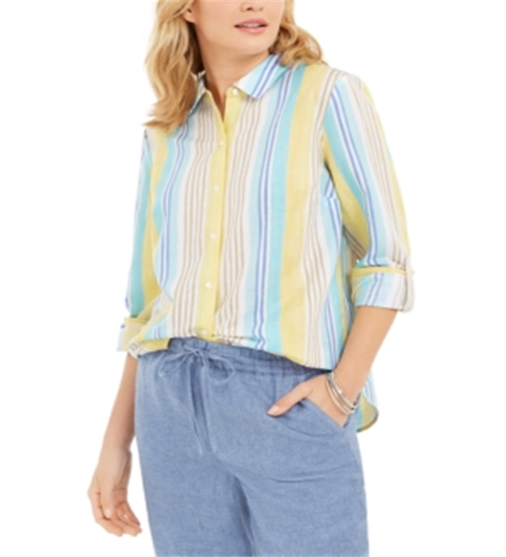 Charter Club Women's Beach Stripe Linen Blend Shirt White Size Large