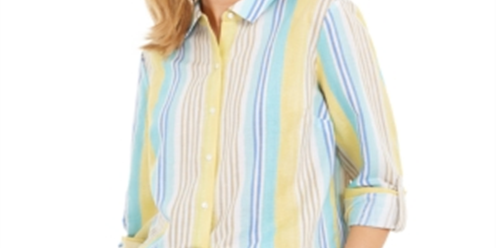 Charter Club Women's Beach Stripe Linen Blend Shirt White Size Large