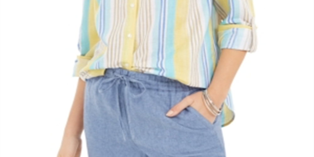 Charter Club Women's Beach Stripe Linen Blend Shirt White Size Large