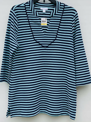 Charter Club Women's Striped Split Neck 3/4 Sleeve Knit Top Blue Size Medium