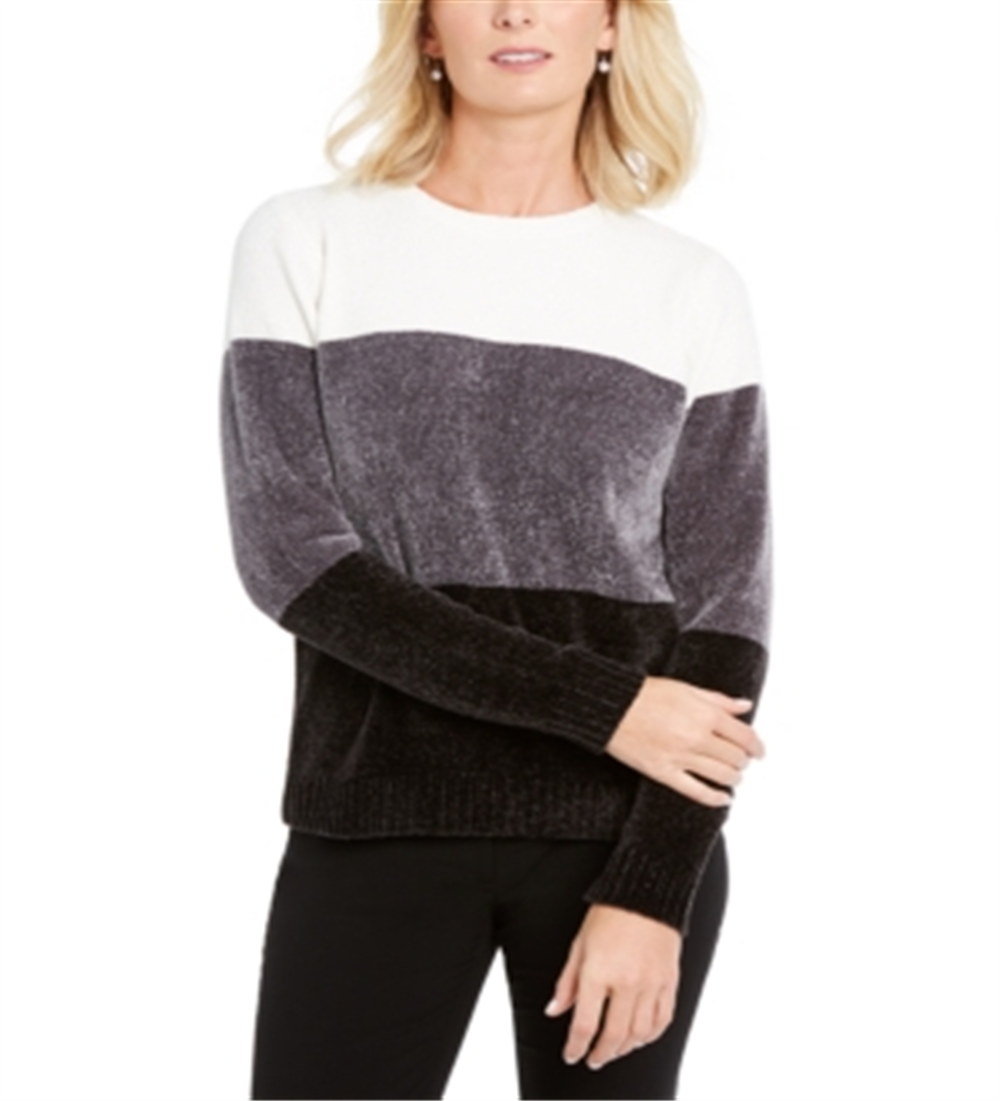 Karen Scott Women's Lucy Colorblocked Chenille Sweater Black -White Size Petite S