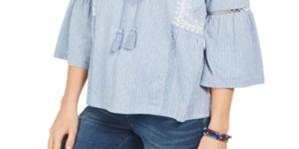 Style & Co Women's Printed Peasant Top Blue Size X-Small