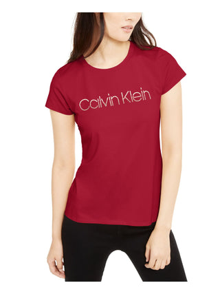 Calvin Klein Women's Beaded Printed Short Sleeve Jewel Neck T-Shirt Top Red Size X-Large