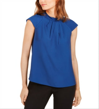 Calvin Klein Women's Cap Sleeve Pleated Mock Neck Blouse Navy Size Small
