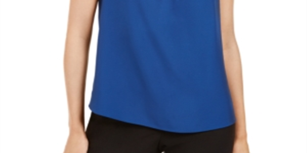 Calvin Klein Women's Cap Sleeve Pleated Mock Neck Blouse Navy Size Small