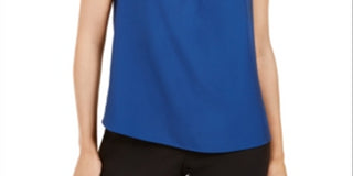 Calvin Klein Women's Cap Sleeve Pleated Mock Neck Blouse Navy Size Small