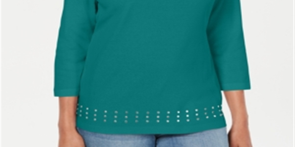 Karen Scott Women's Scoop Neck Studded Top Teal Size X-Small