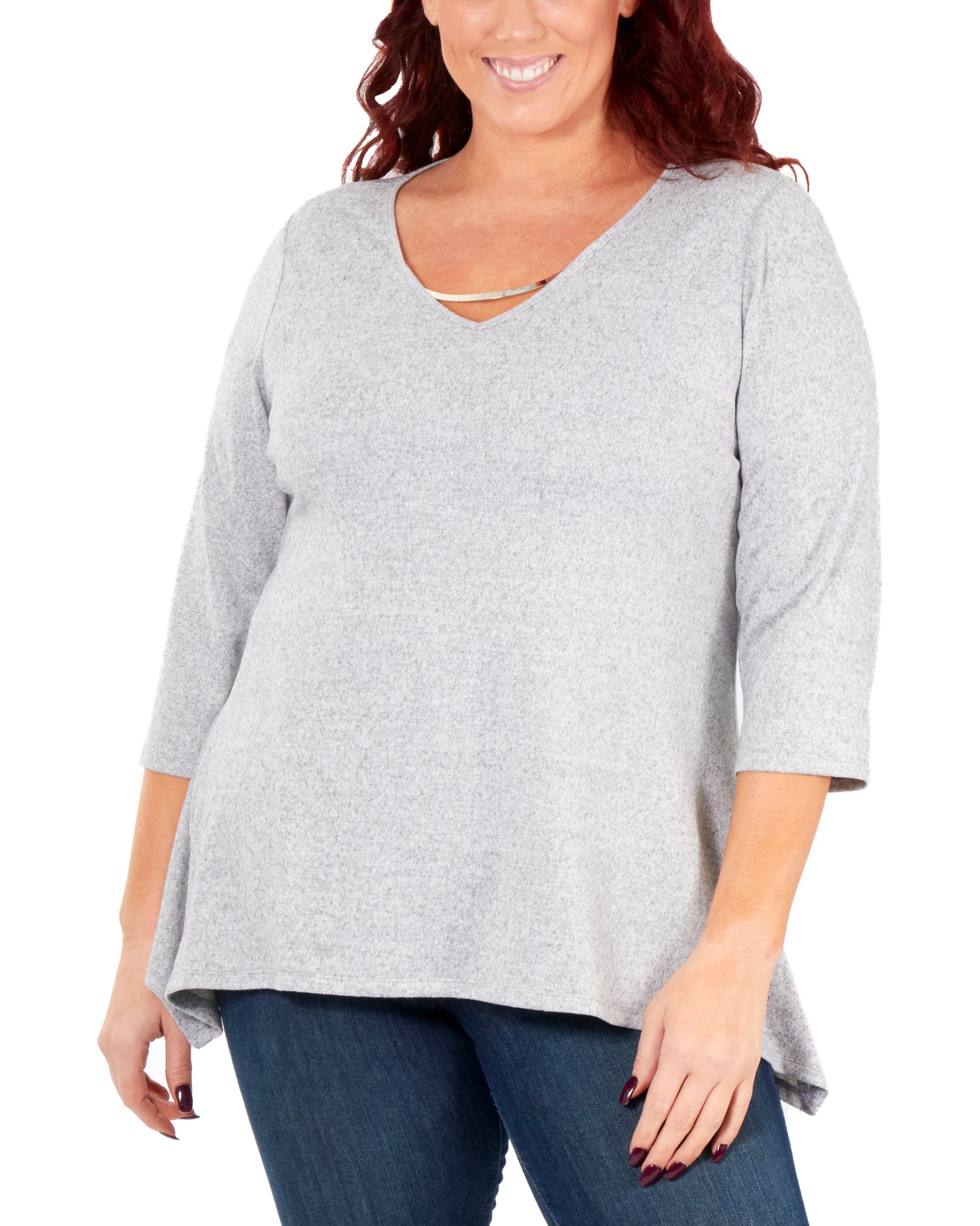 NY Collection Women's Plus 3/4 Sleeve V Neck Top Gray Size 1X