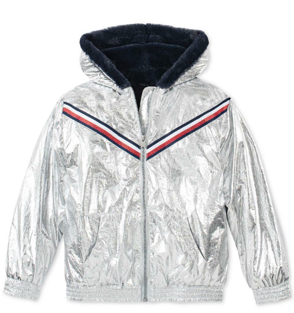 Tommy Hilfiger Big Girl's Hooded Metallic with Faux Fur Trim Jacket Silver Size 12-14