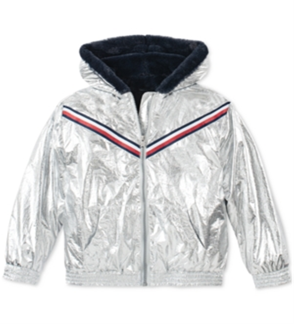 Tommy Hilfiger Big Girl's Hooded Metallic with Faux Fur Trim Jacket Silver Size 12-14