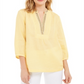 Charter Club Women's Linen Beaded Split Neck Top Yellow Size Large