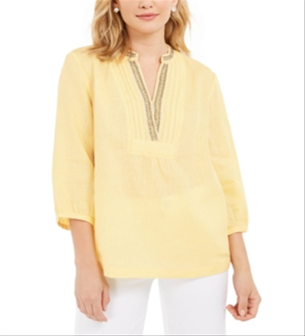 Charter Club Women's Linen Beaded Split Neck Top Yellow Size Large
