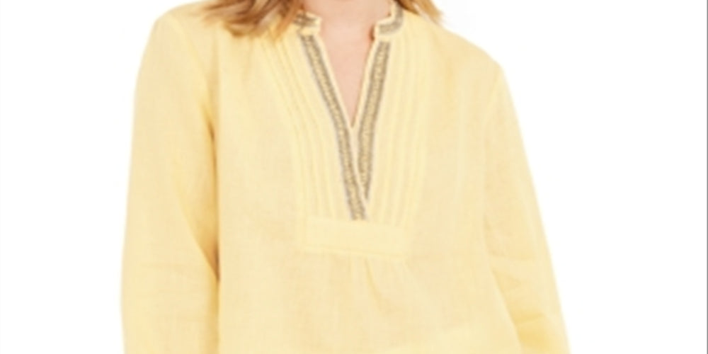 Charter Club Women's Linen Beaded Split Neck Top Yellow Size Large