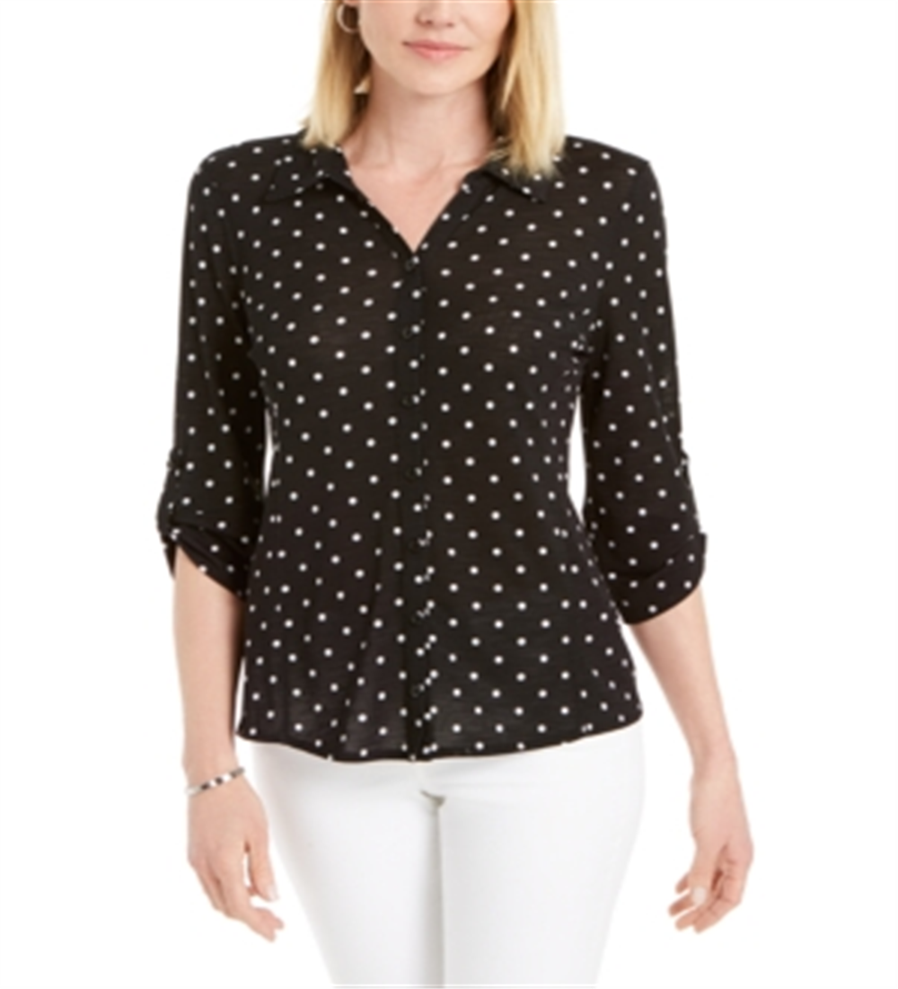 Charter Club Women's Mesh Dot Print Button Down Top Black Size Large