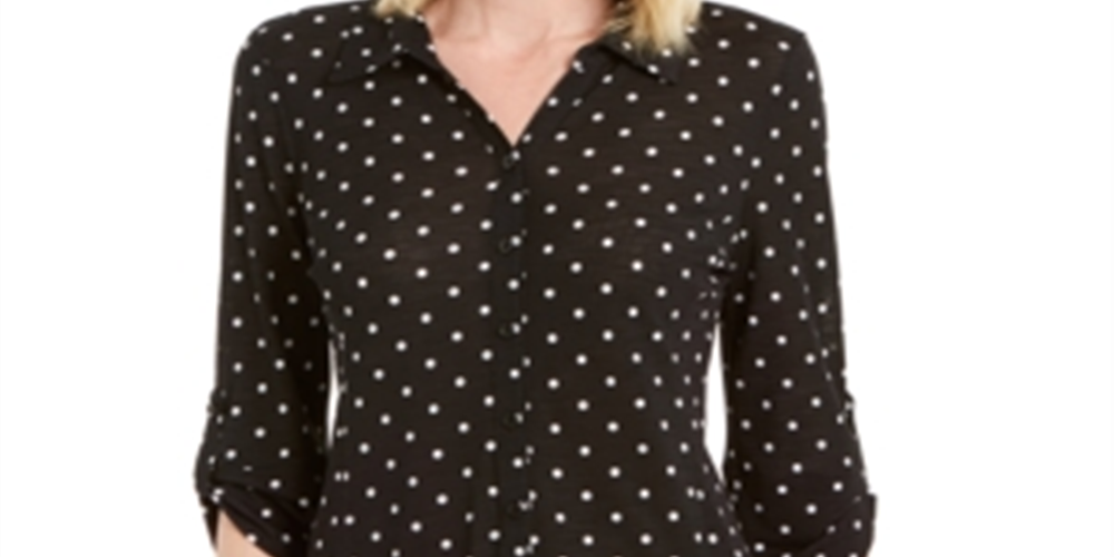 Charter Club Women's Mesh Dot Print Button Down Top Black Size Large