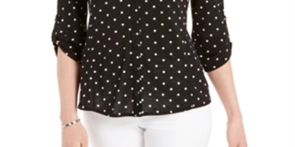 Charter Club Women's Mesh Dot Print Button Down Top Black Size Large