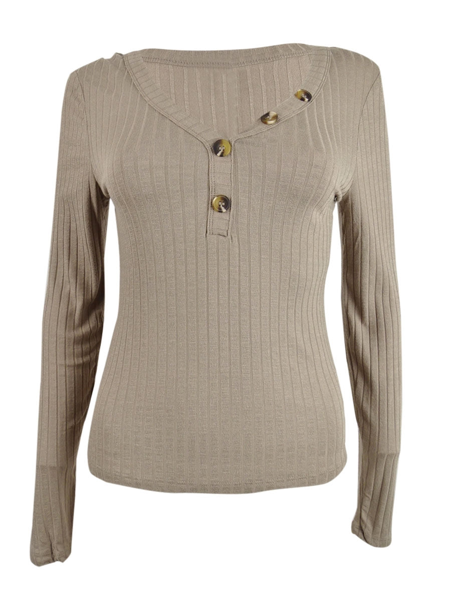 Pink Rose Junior's Ribbed Henley Top Brown Size Small