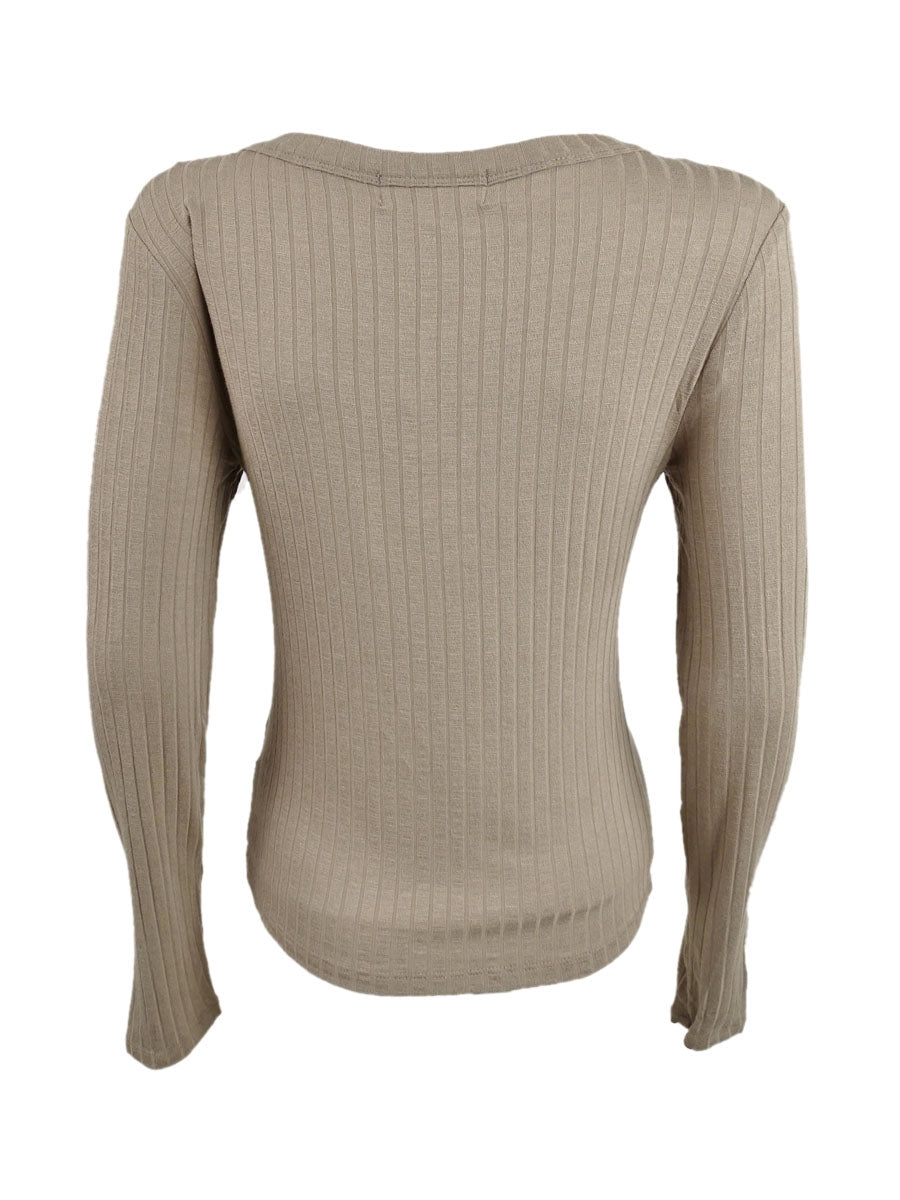 Pink Rose Junior's Ribbed Henley Top Brown Size Small