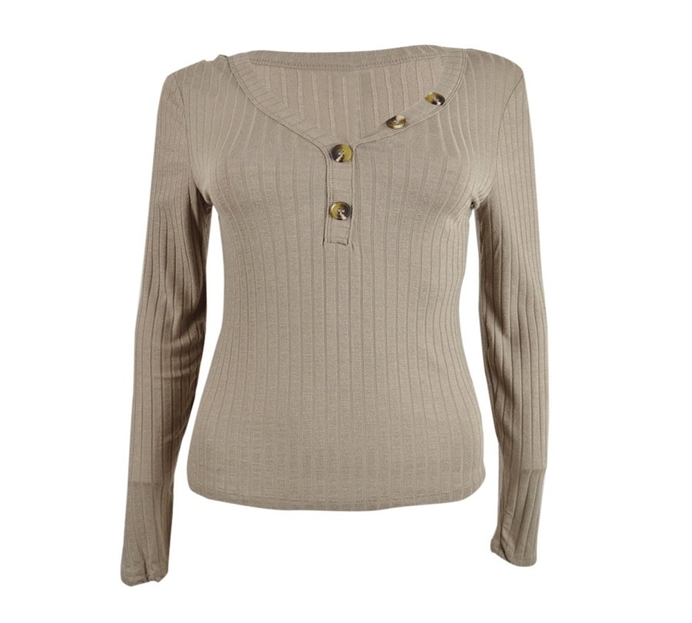 Pink Rose Junior's Ribbed Henley Top Brown Size Small