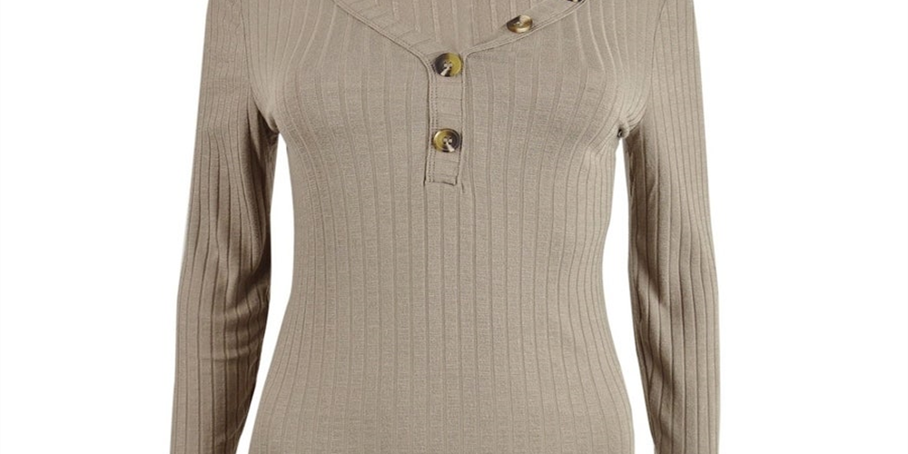 Pink Rose Junior's Ribbed Henley Top Brown Size Small