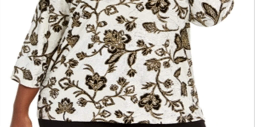 JM Collection Women's Plus Metallic Floral Print Top Eggshell-Black Size 2X