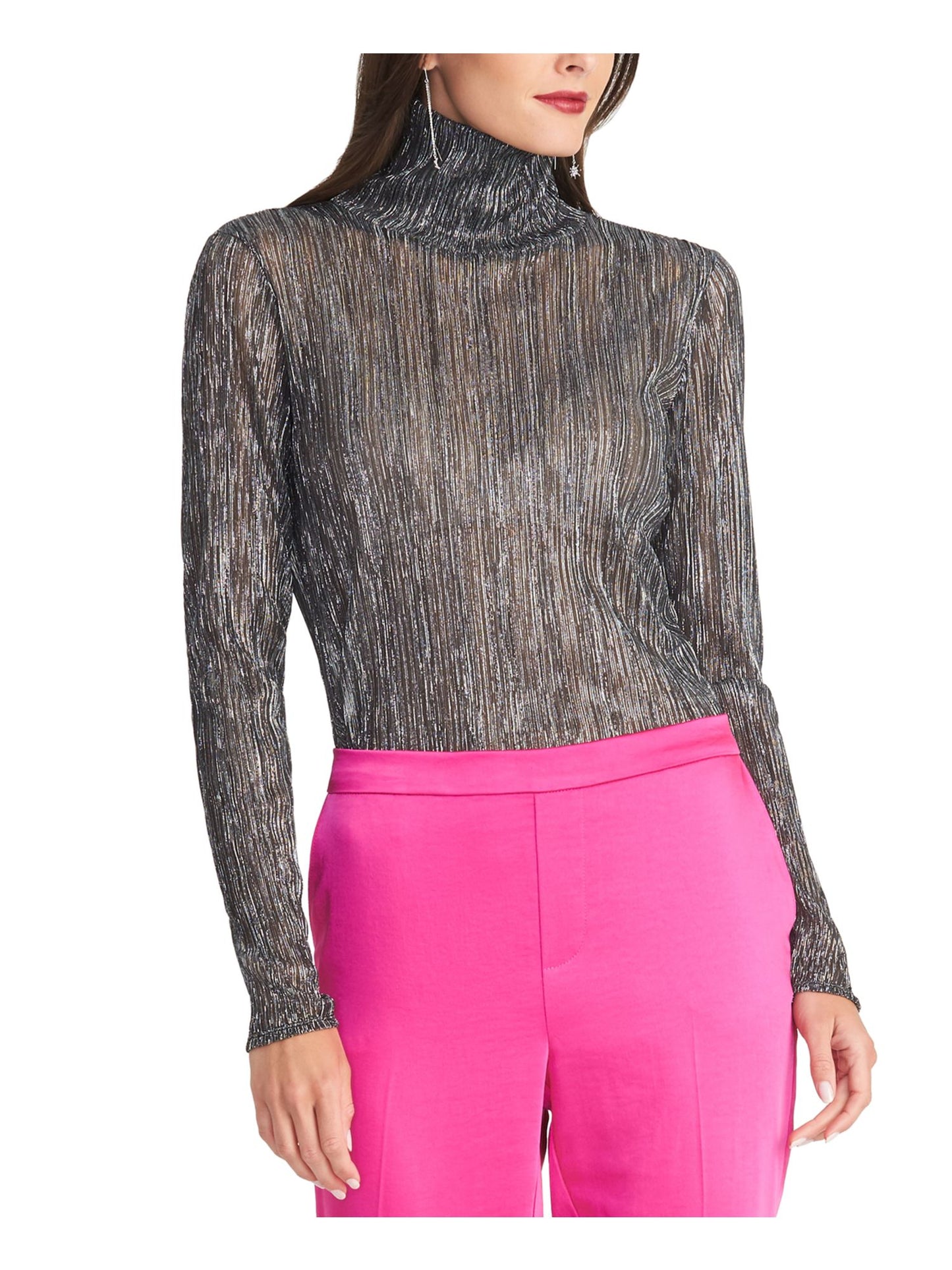 Rachel Roy Women's Metallic Pleated Turtleneck Top Silver Size Small