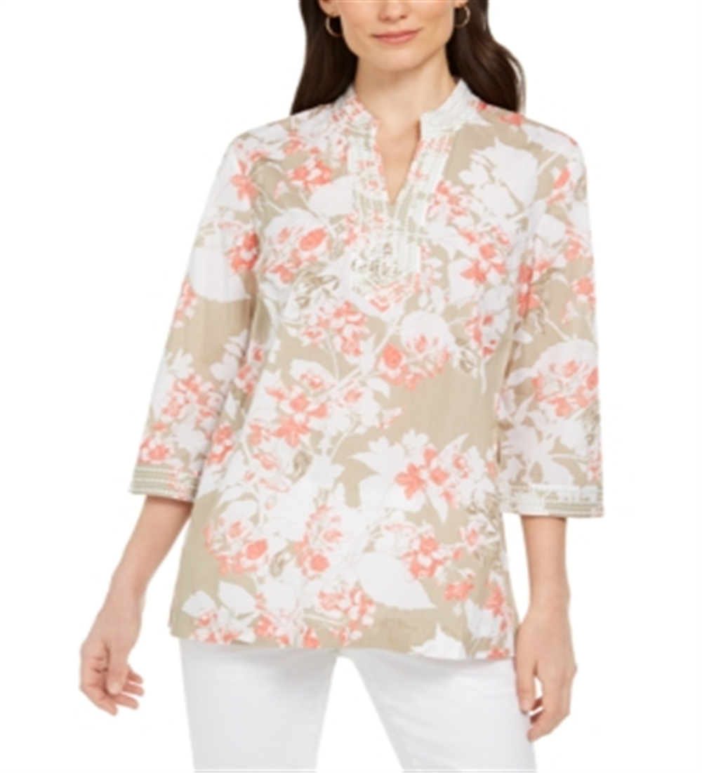 Charter Club Women's Printed Embroidered Voile Linen Blend Tunic Brown Size Small