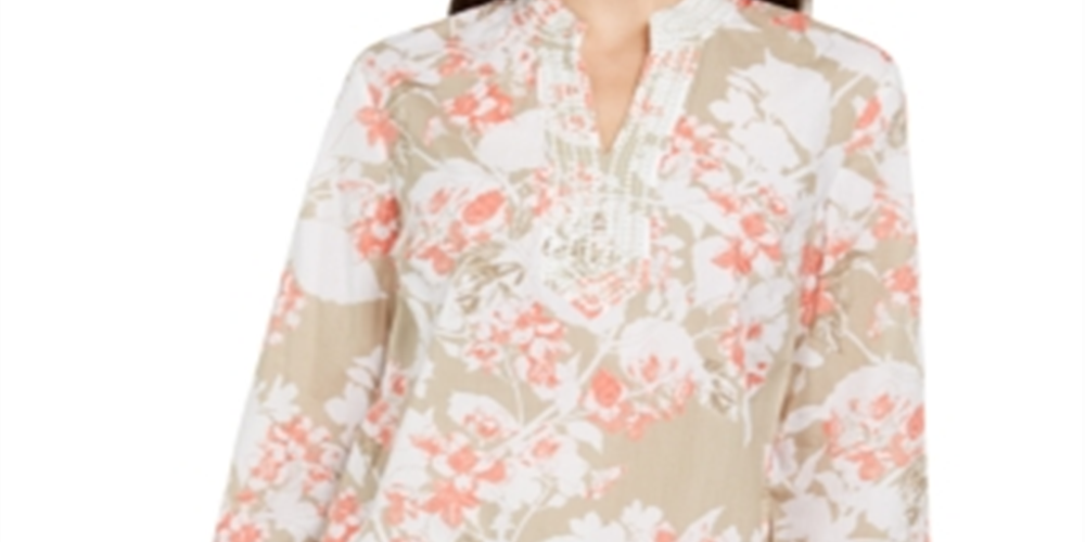 Charter Club Women's Printed Embroidered Voile Linen Blend Tunic Brown Size Small