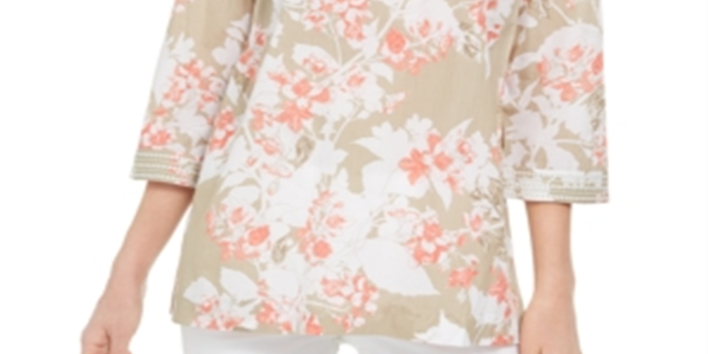 Charter Club Women's Printed Embroidered Voile Linen Blend Tunic Brown Size Small