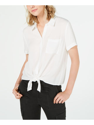 Hippie Rose Women's Short Sleeve Collared Button Up Top White Size Large