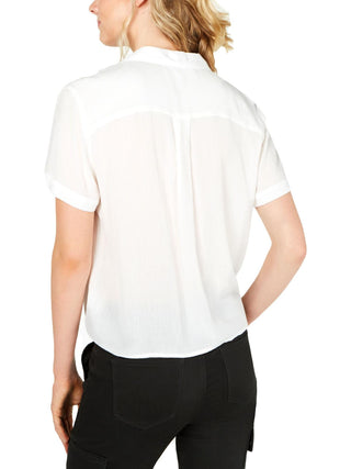 Hippie Rose Women's Short Sleeve Collared Button Up Top White Size Large