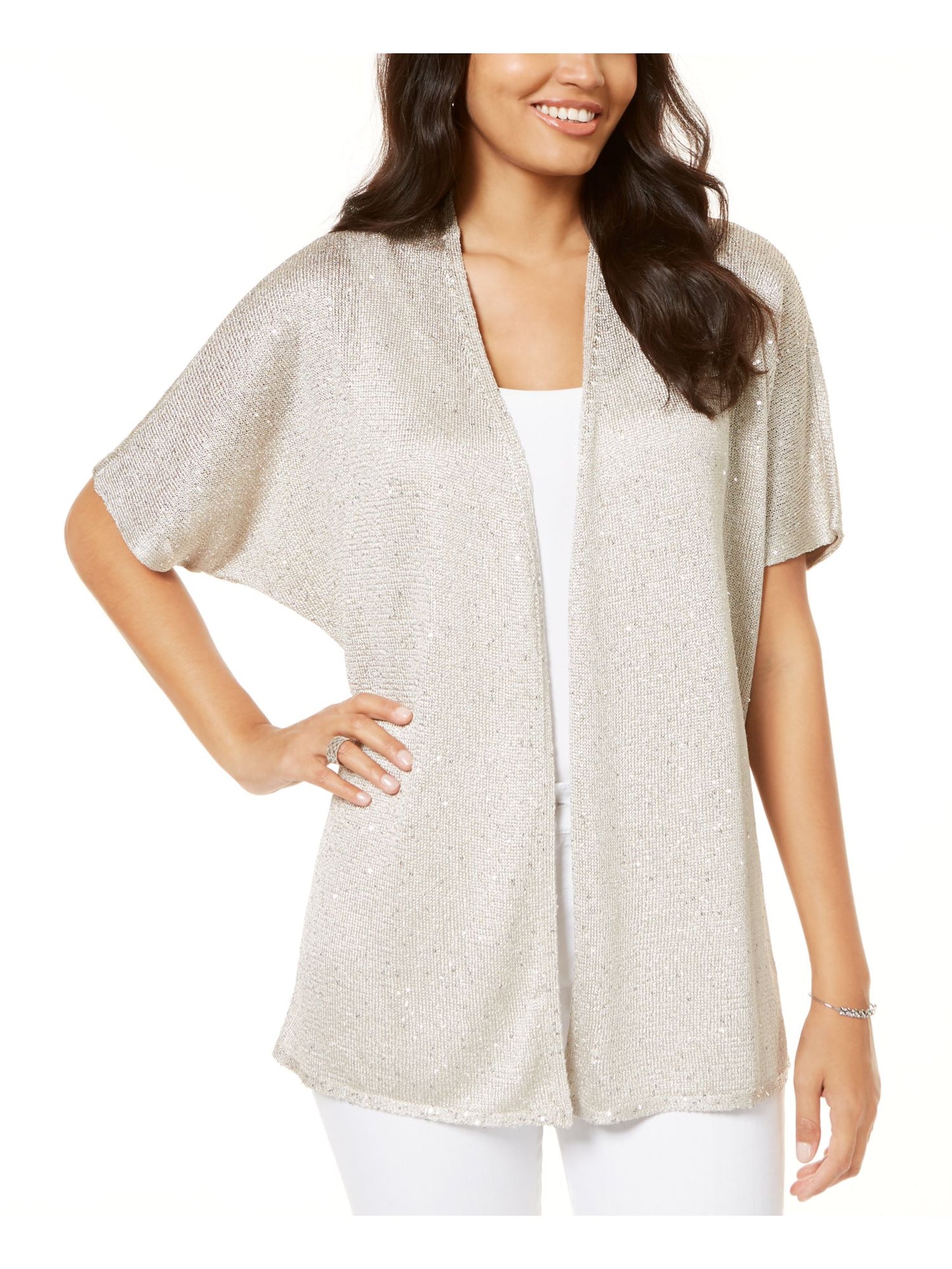 INC International Concepts Women's Sequined Tie Dye Short Sleeve Open Cardigan Top Gold Size XL