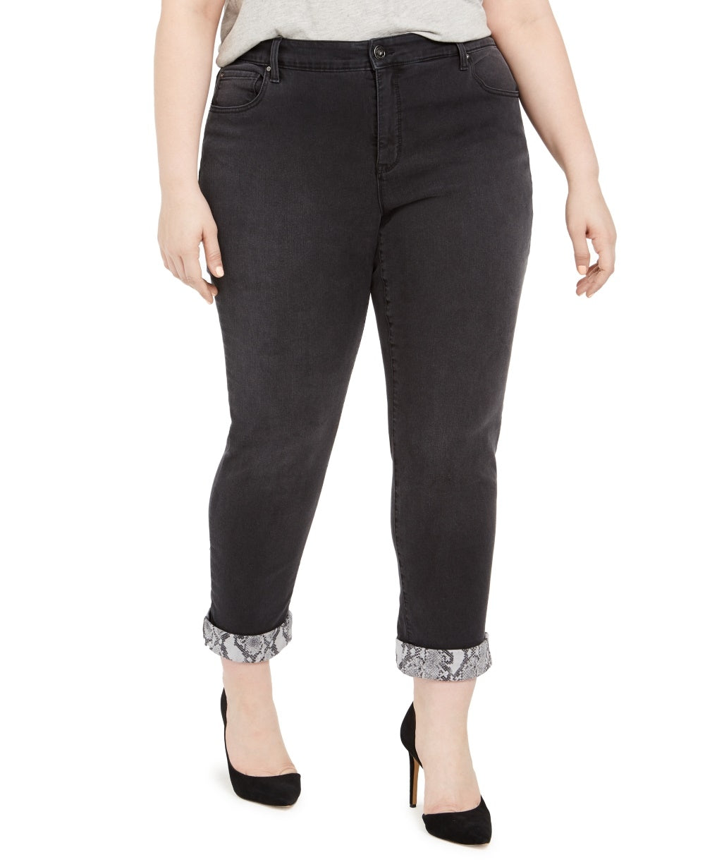 INC International Concepts Women's Plus Size Snake Skin Cuff Jeans Black Size Small
