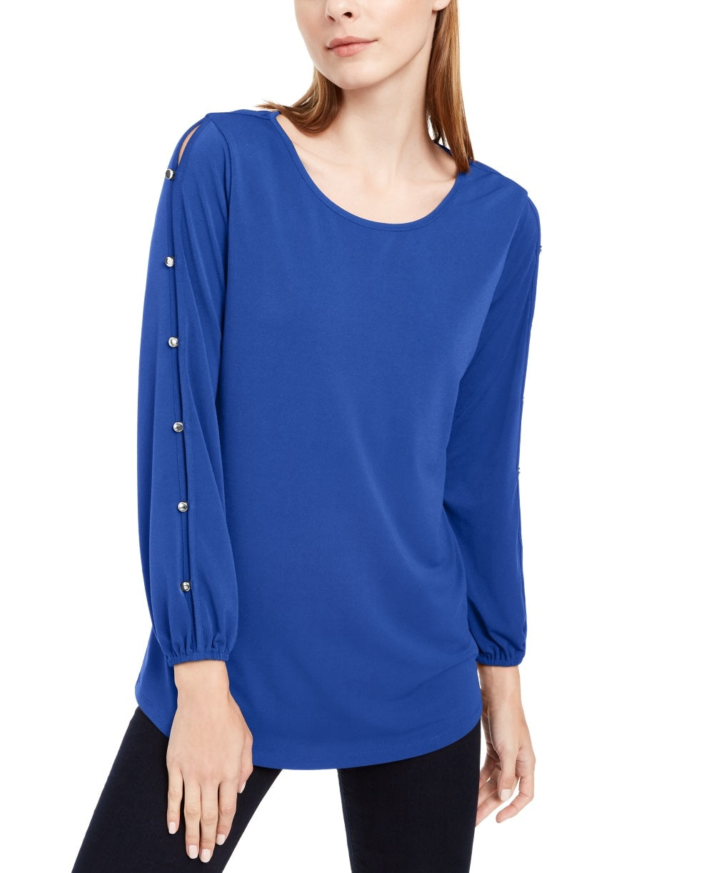 NY Collection Women's Split Sleeve Top Blue Size Petite Small