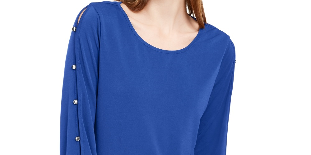 NY Collection Women's Split Sleeve Top Blue Size Petite Small