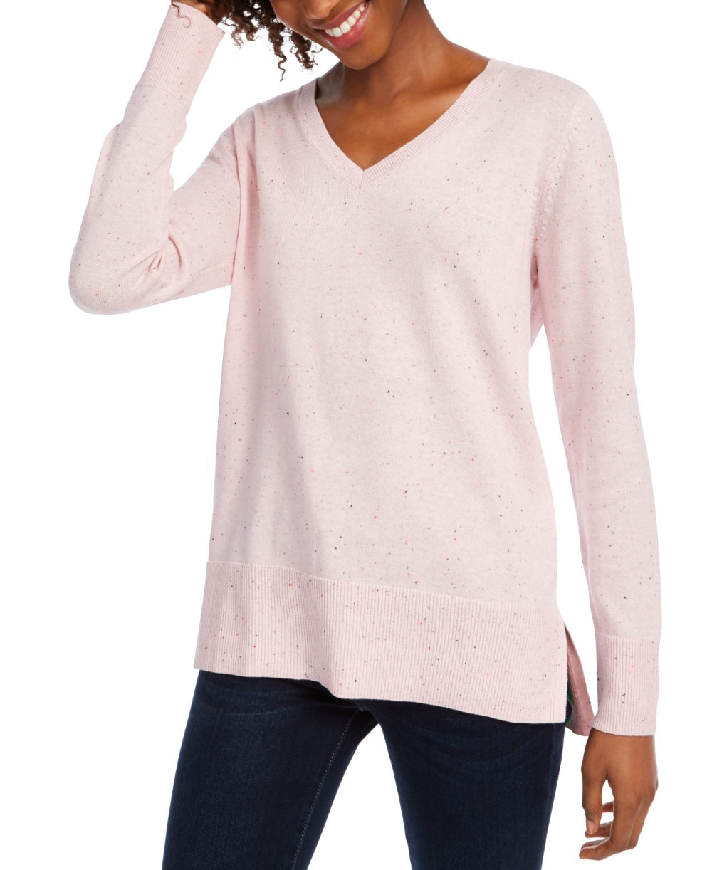 Maison Jules Women's Cotton V Neck Tunic Sweater Pink Size X-Small
