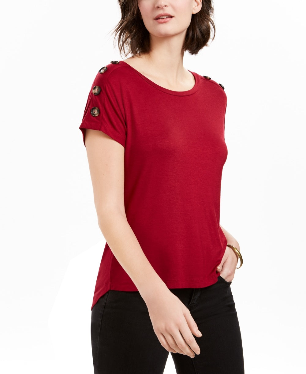 NY Collection Women's Button Sleeve Top Red Size Petite Medium