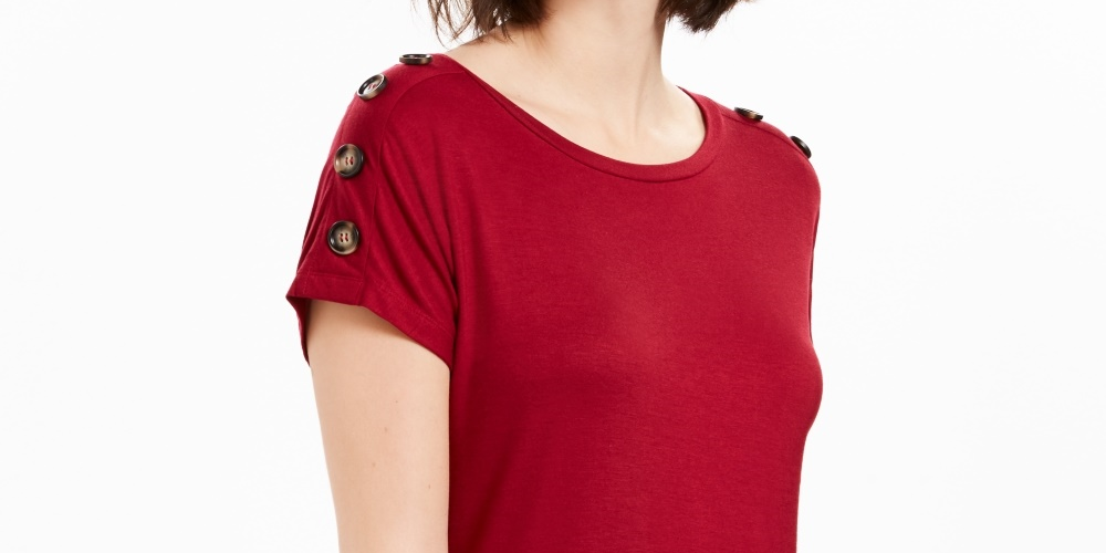 NY Collection Women's Button Sleeve Top Red Size Petite Medium